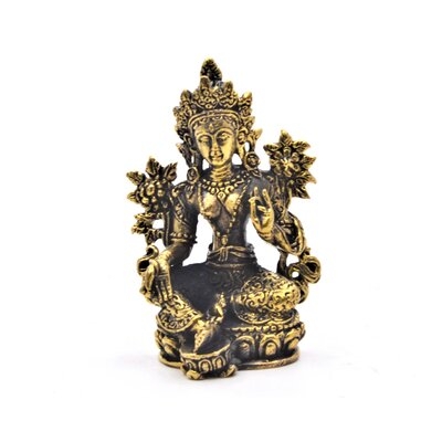 Green Tara Figurine. Fine Hand Details On Solid Brass With Gold Plated . 2 Inch Tall - Image 0