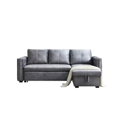 Sectional Sofa With Pulled Out Bed, 2 Seats Sofa And Reversible Chaise With Storage, Both Hands With Copper Nail, GREY, (91" X 64" X 37") - Image 0