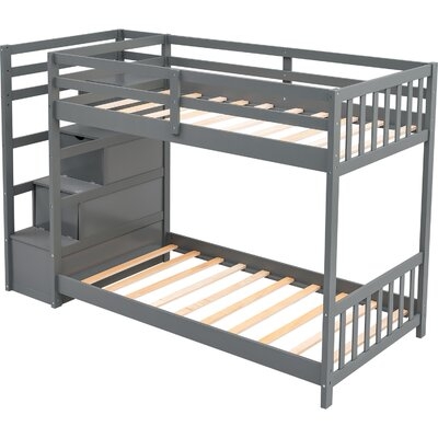 Twin Over Twin Double Parallel Bunk Beds With Storage Staircase In The Middle And Full Length Guardrails, Gray - Image 0