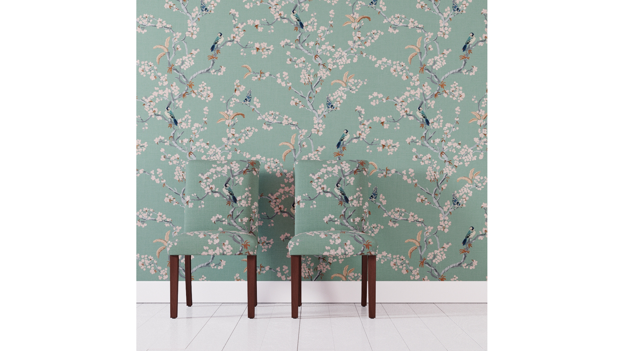 Peel and Stick Wallpaper Roll, Mint Cherry Blossom - Image 1