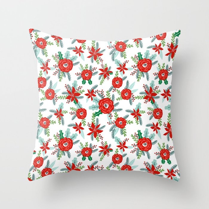Floral Christmas Painted Florals Flower Decor Seasonal Holidays Red Green And White Throw Pillow by Charlottewinter - Cover (24" x 24") With Pillow Insert - Indoor Pillow - Image 0