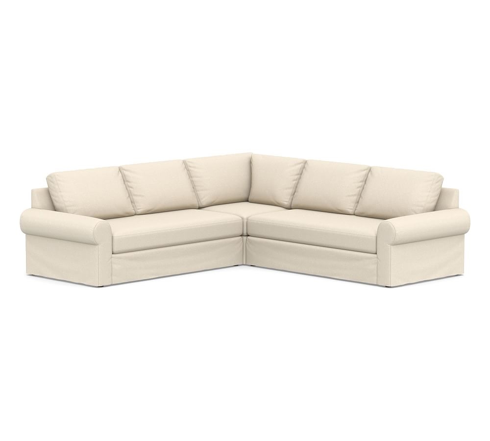 Big Sur Roll Arm Slipcovered 3-Piece L-Shaped Corner Sectional with Bench Cushion, Down Blend Wrapped Cushions, Textured Basketweave Flax - Image 0