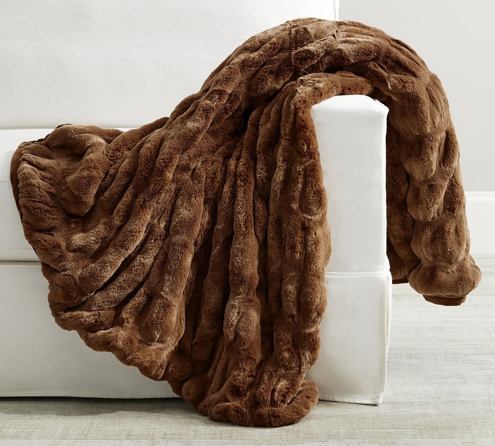 Faux Fur Ruched Throw, 50 x 60", Tobacco Ruched - Image 0