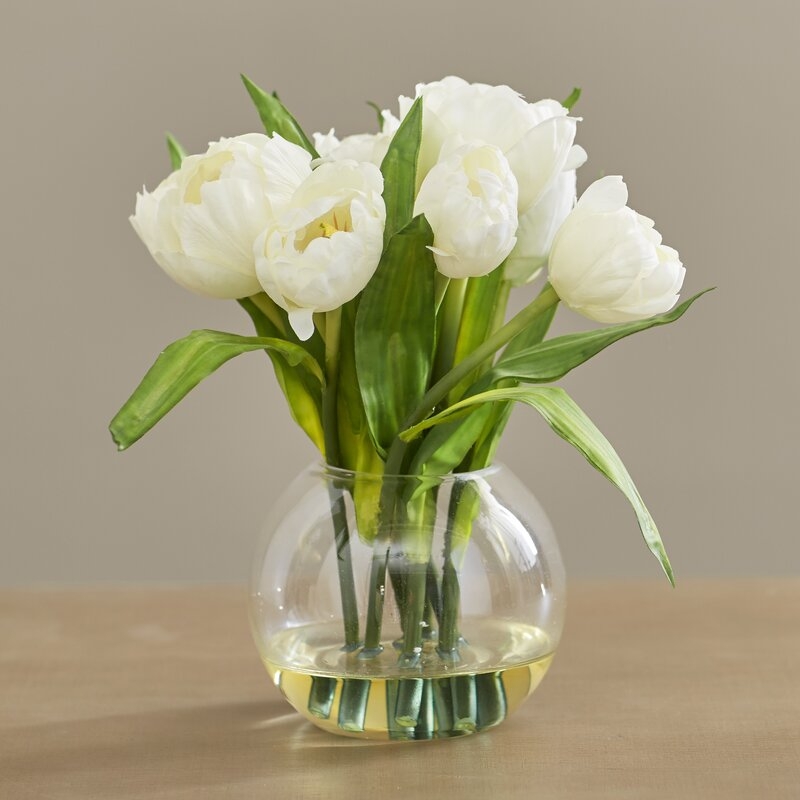 Tulips Arrangement with Vase, White - Image 1