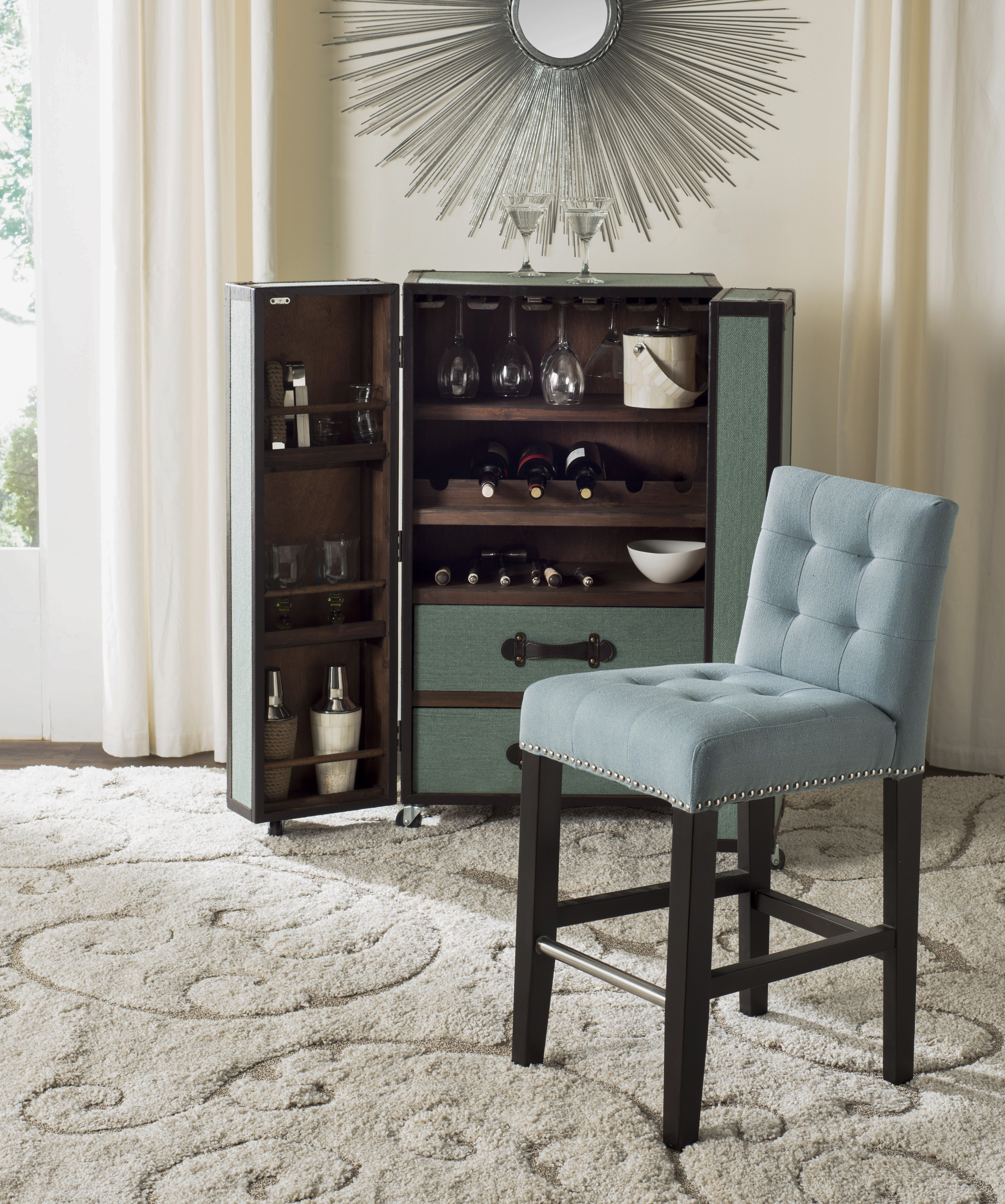 Thompson 23.9" Linen Counter Stool W/ Silver Nailheads - Sky Blue/Espresso - Safavieh - Image 5