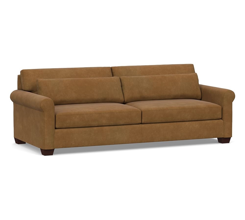 York Deep Seat Roll Arm Leather Grand Sofa 98" 2-Seater, Polyester Wrapped Cushions, Nubuck Camel - Image 0