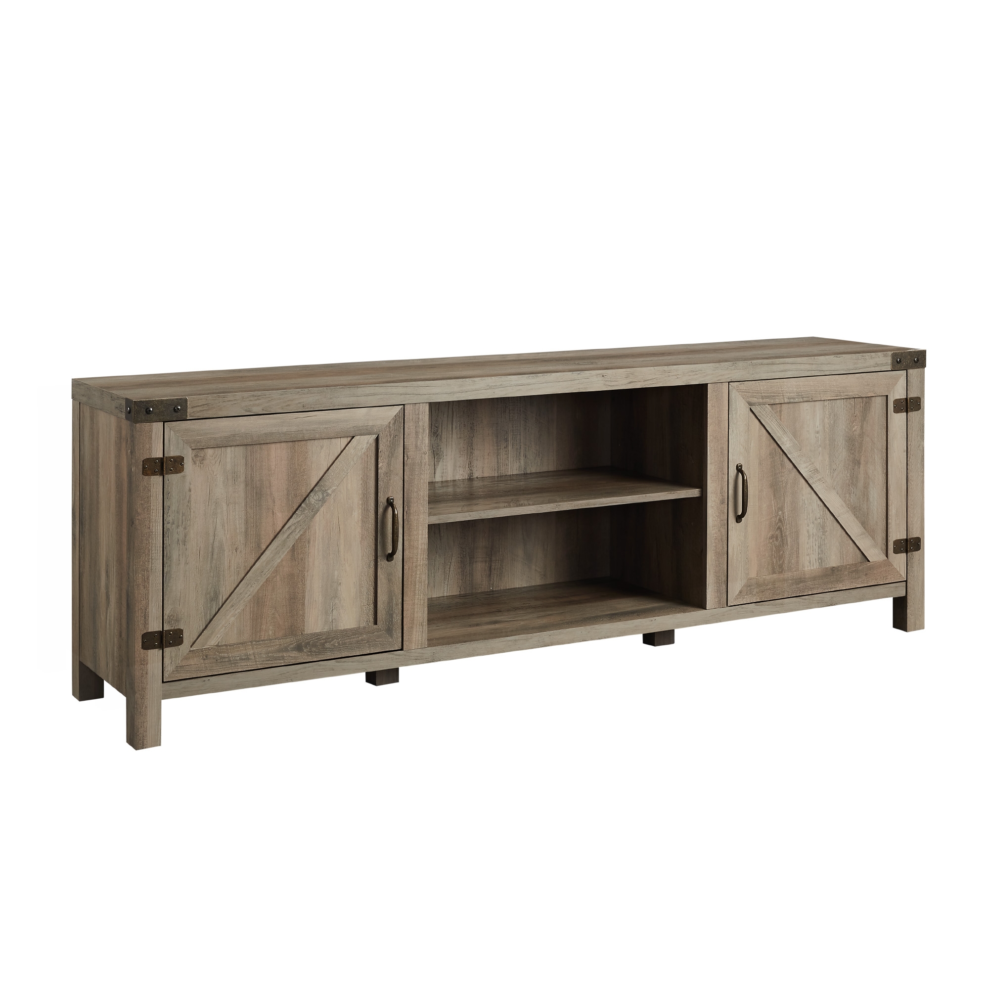 70" Modern Farmhouse Barn Door TV Stand - Grey Wash  - Image 0