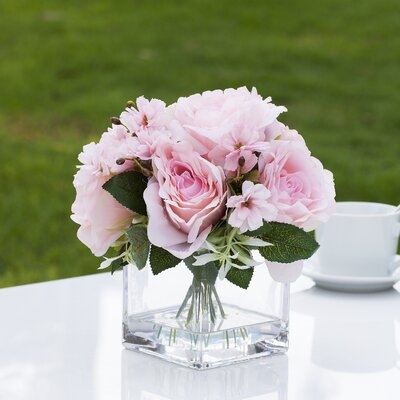 Mixed Artificial Silk Rose Flower Arrangement In Cube Glass Vase With Faux Water - Image 0