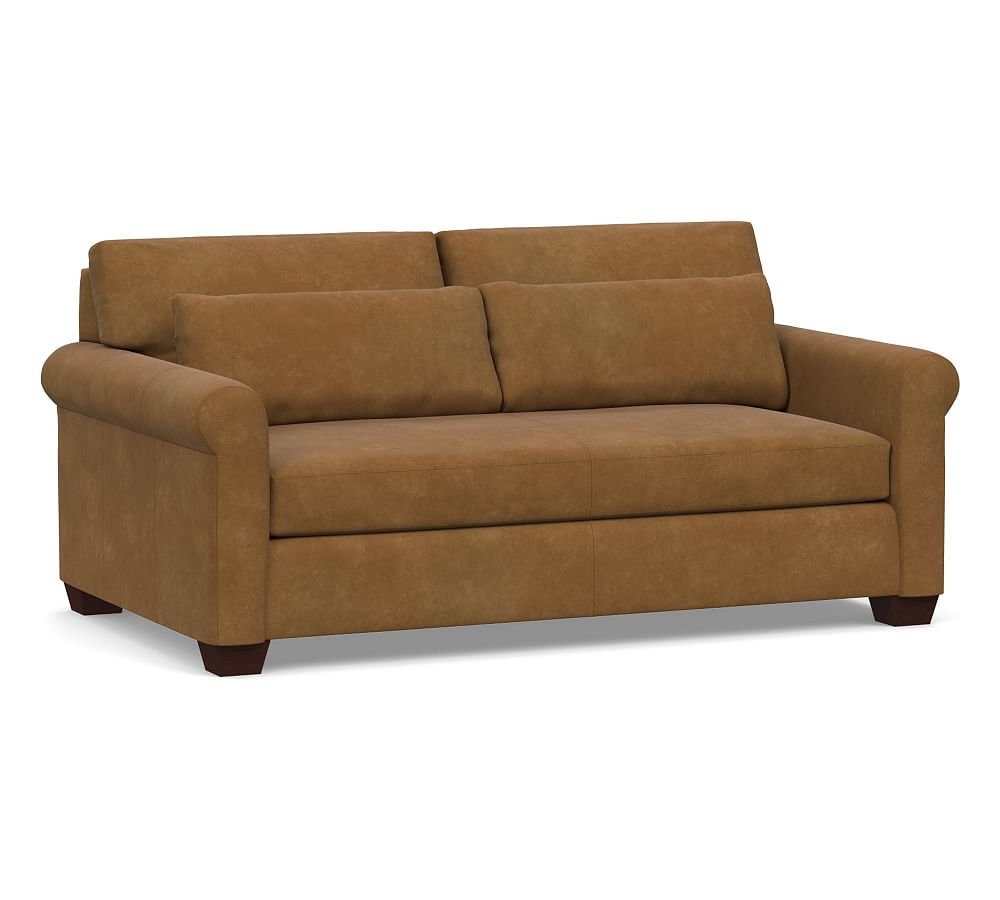 York Deep Seat Roll Arm Leather Loveseat 75" with Bench Cushion, Polyester Wrapped Cushions, Nubuck Camel - Image 0