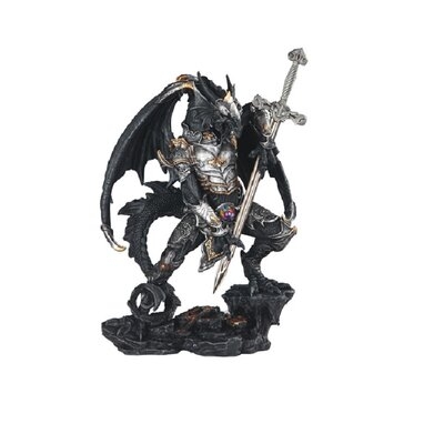 12"H Black And Silver Dragon With Armor And Sword Statue Fantasy Decoration Figurine - Image 0