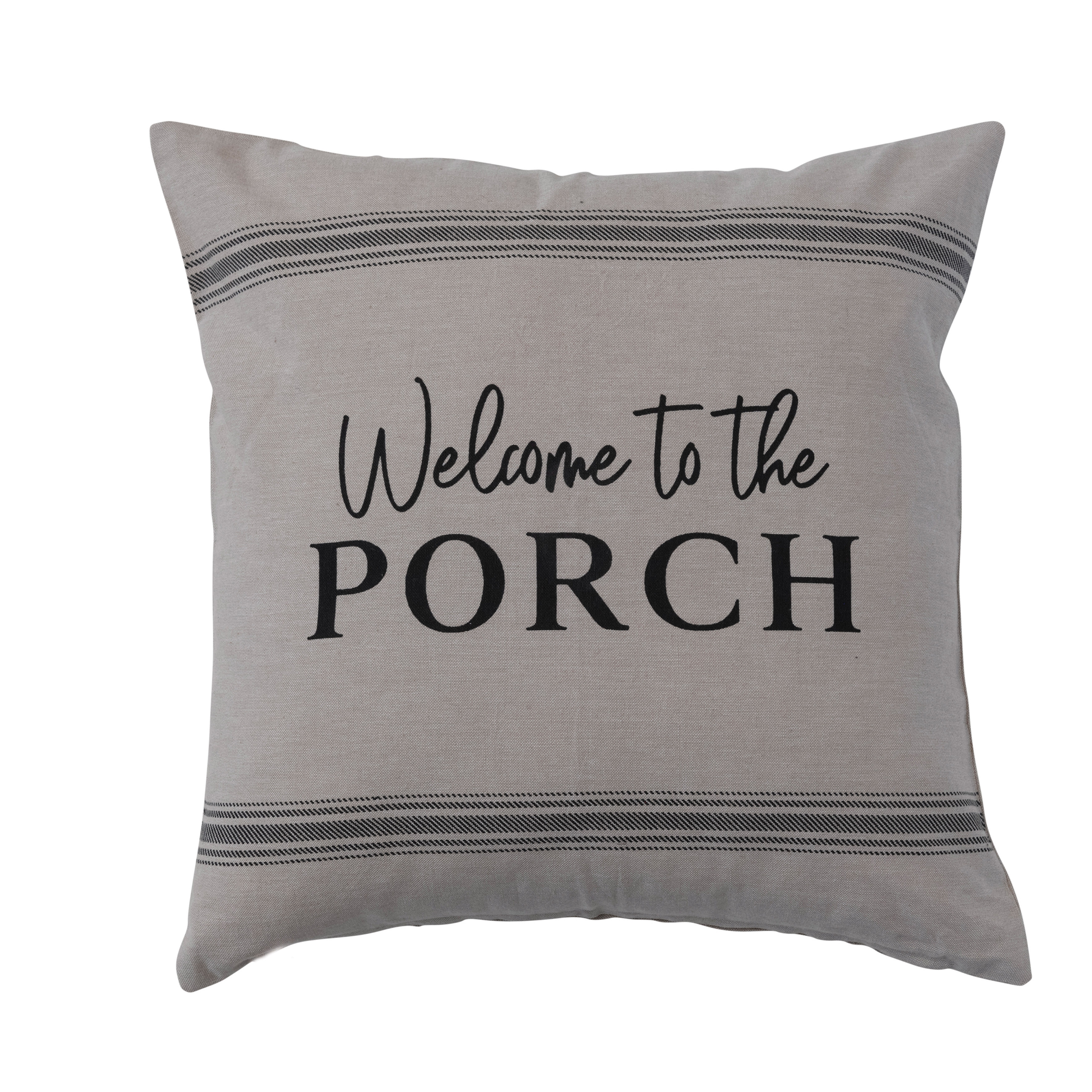 Cotton Chambray Throw Pillow with "Welcome to the Porch" Message, White and Black - Image 0