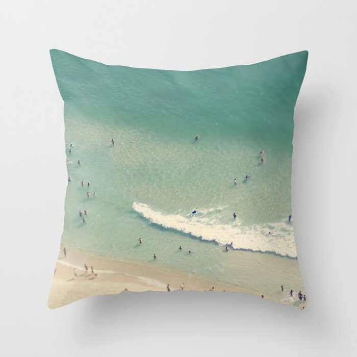 Aerial Beach - Turquoise Ocean - Crashing Waves - Crowded Beach - Sea Travel Photography Throw Pillow by Ingrid Beddoes Photography - Cover (16" x 16") With Pillow Insert - Outdoor Pillow - Image 0