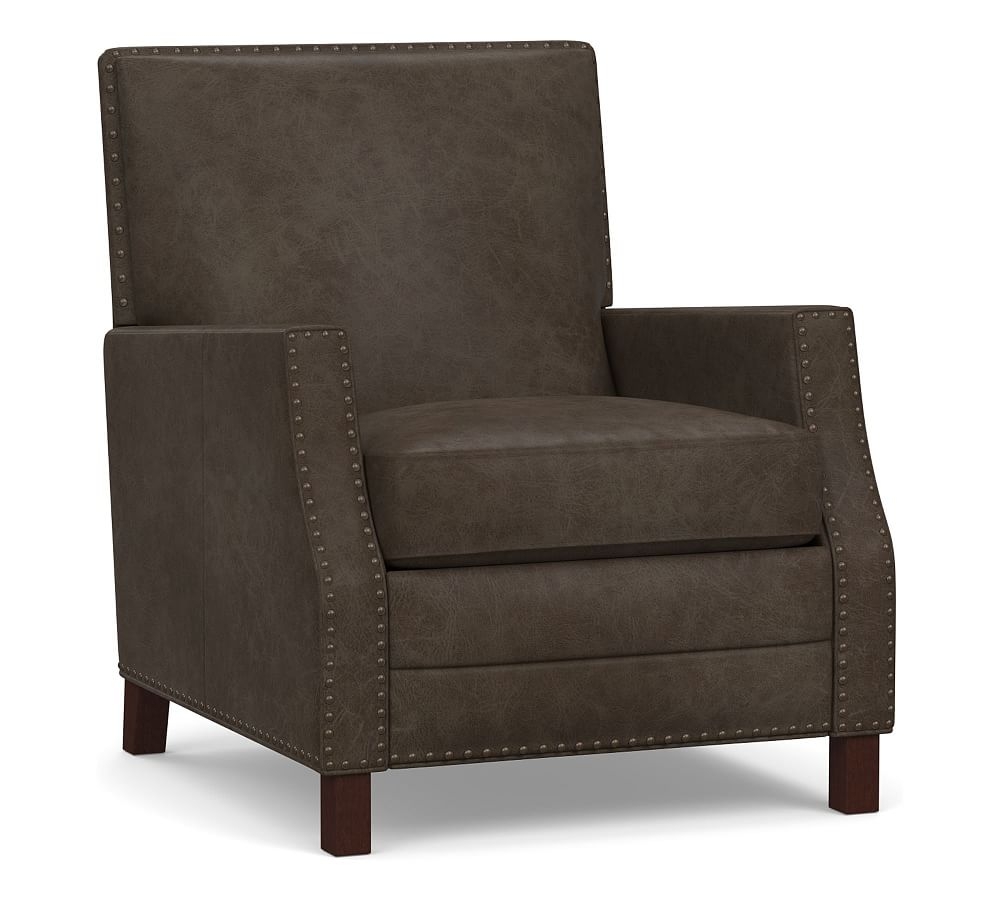 Brixton Square Arm Leather Recliner with Bronze Nailheads, Down Blend Wrapped Cushions, Statesville Wolf Gray - Image 0