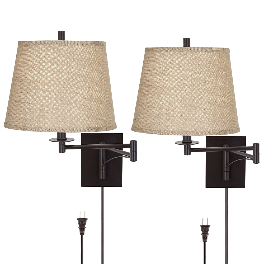Franklin Iron Works Brinly Burlap Plug-In Swing Arm Wall Lamps Set of 2 - Image 0