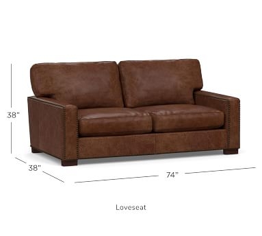 Turner Square Arm Leather Sofa with Nailheads, Down Blend Wrapped Cushions Churchfield Chocolate - Image 2