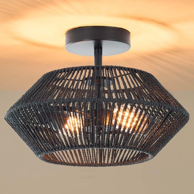 Handwoven Black Rattan Ceiling Light, 2-Light Boho Semi-Flush Mount For Bedroom Hallway - Image 0