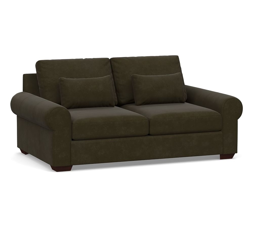 Big Sur Roll Arm Leather Loveseat 78", Down Blend Wrapped Cushions, Aviator Blackwood - Image 0
