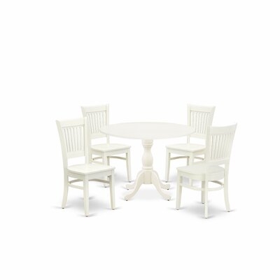 Villani 5-Pc Kitchen Dining Room Set- 4 Mid Century Chair With Wooden Seat And Slatted Chair Back - Drop Leaves Round Table - Linen White Finish - Image 0