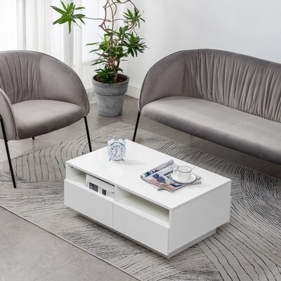 High Gloss White Rectangle Coffee Table With 2 Open Cabinets 4 Drawer For Home - Image 0