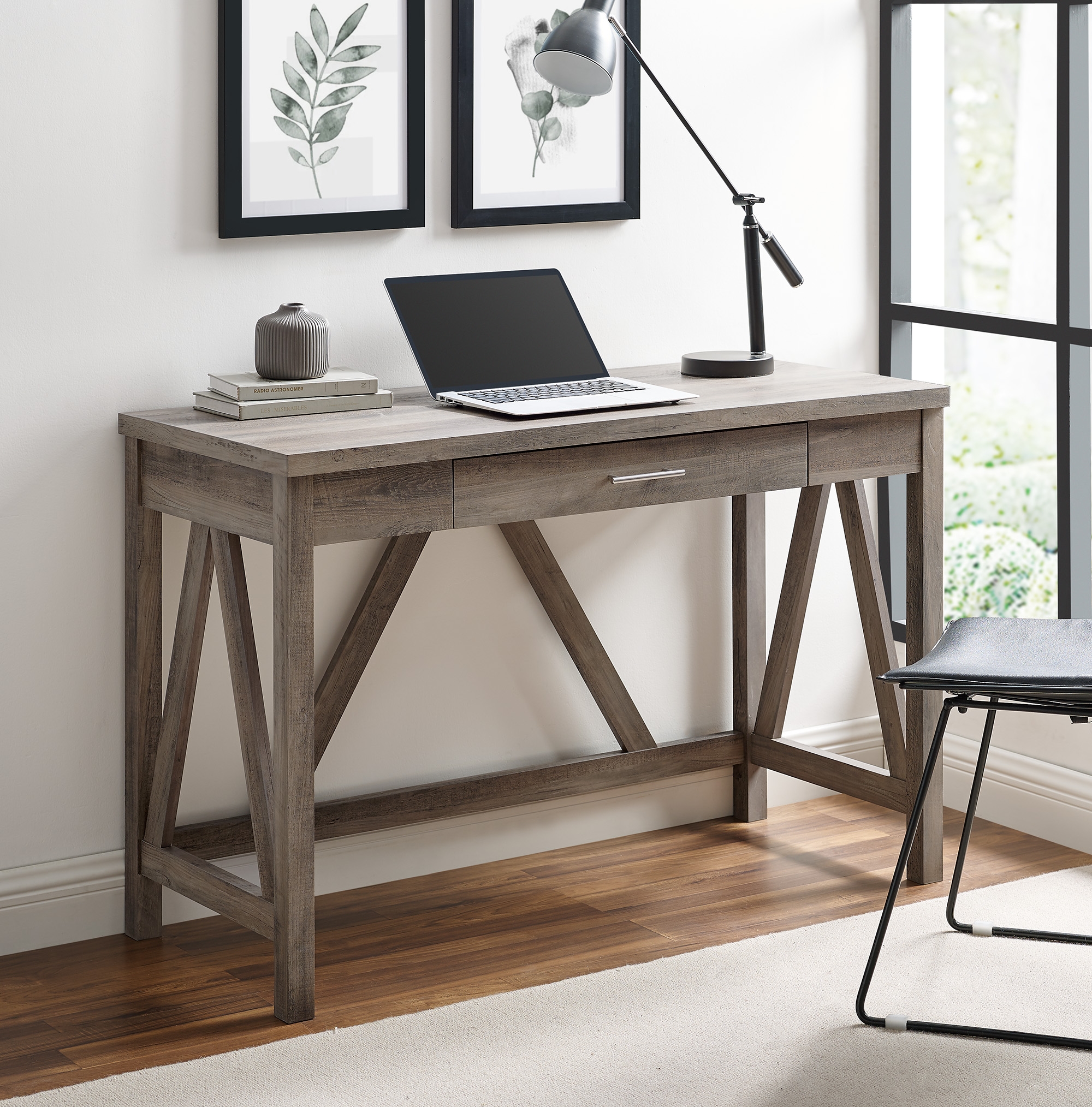 46" A Frame Modern Farmhouse Wood Computer Desk with Drawer - Grey Wash - Image 1