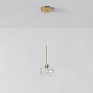 Sculptural Glass Globe Pendant, 14", Clear Shade, Brass Canopy - Image 1