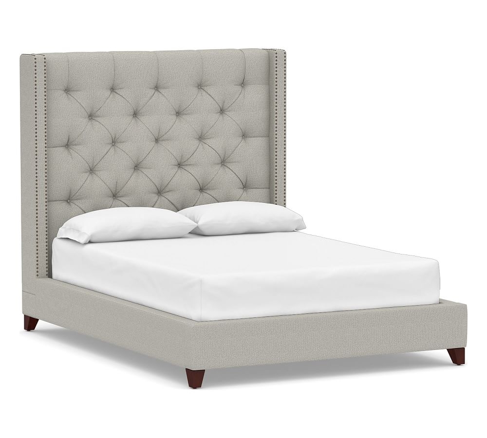 Harper Tufted Upholstered Tall Bed with Bronze Nailheads, Full, Performance Boucle Pebble - Image 0
