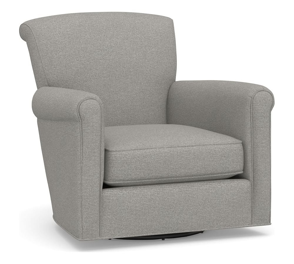 Irving Roll Arm Upholstered Swivel Armchair with Bronze Nailheads, Polyester Wrapped Cushions, Performance Heathered Basketweave Platinum - Image 0