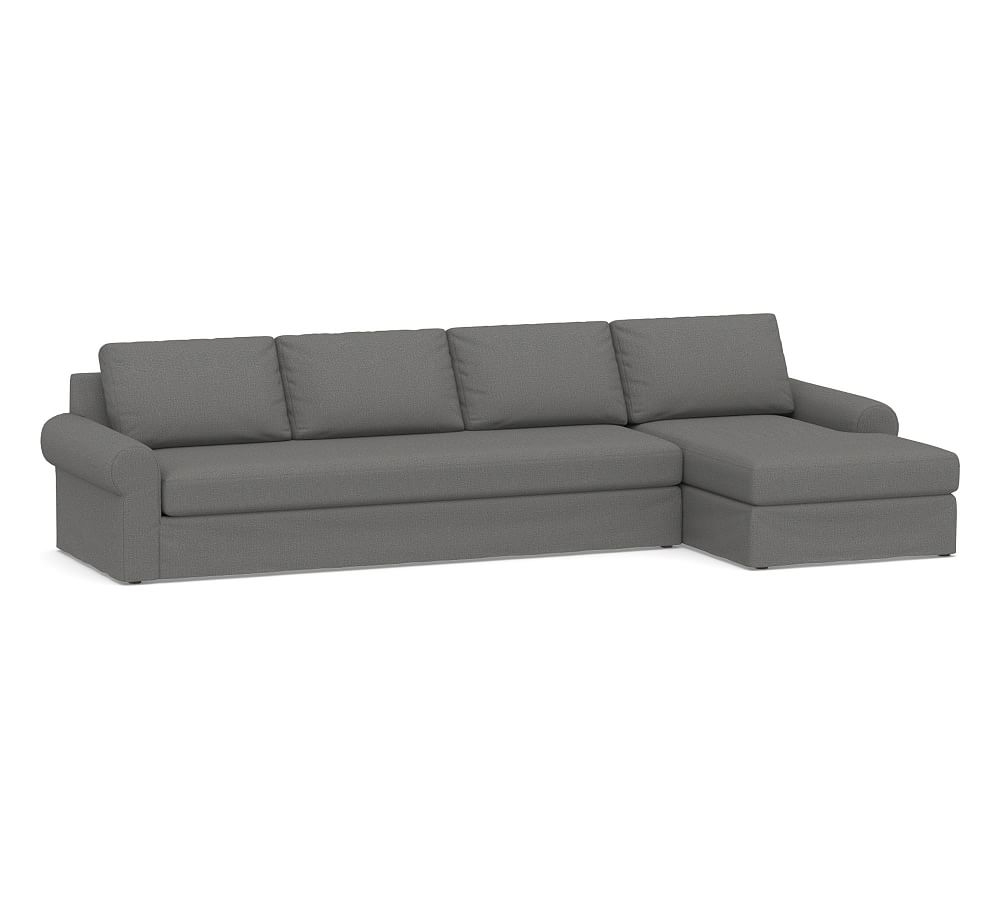 Big Sur Roll Arm Slipcovered Left Arm Grand Sofa with Chaise Sectional and Bench Cushion, Down Blend Wrapped Cushions, Performance Brushed Basketweave Slate - Image 0