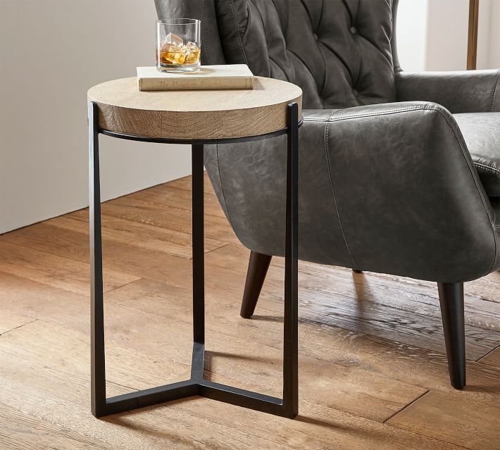 Cori Round Wood Accent Table, Gray Wood Top/Bronze Base - Image 1