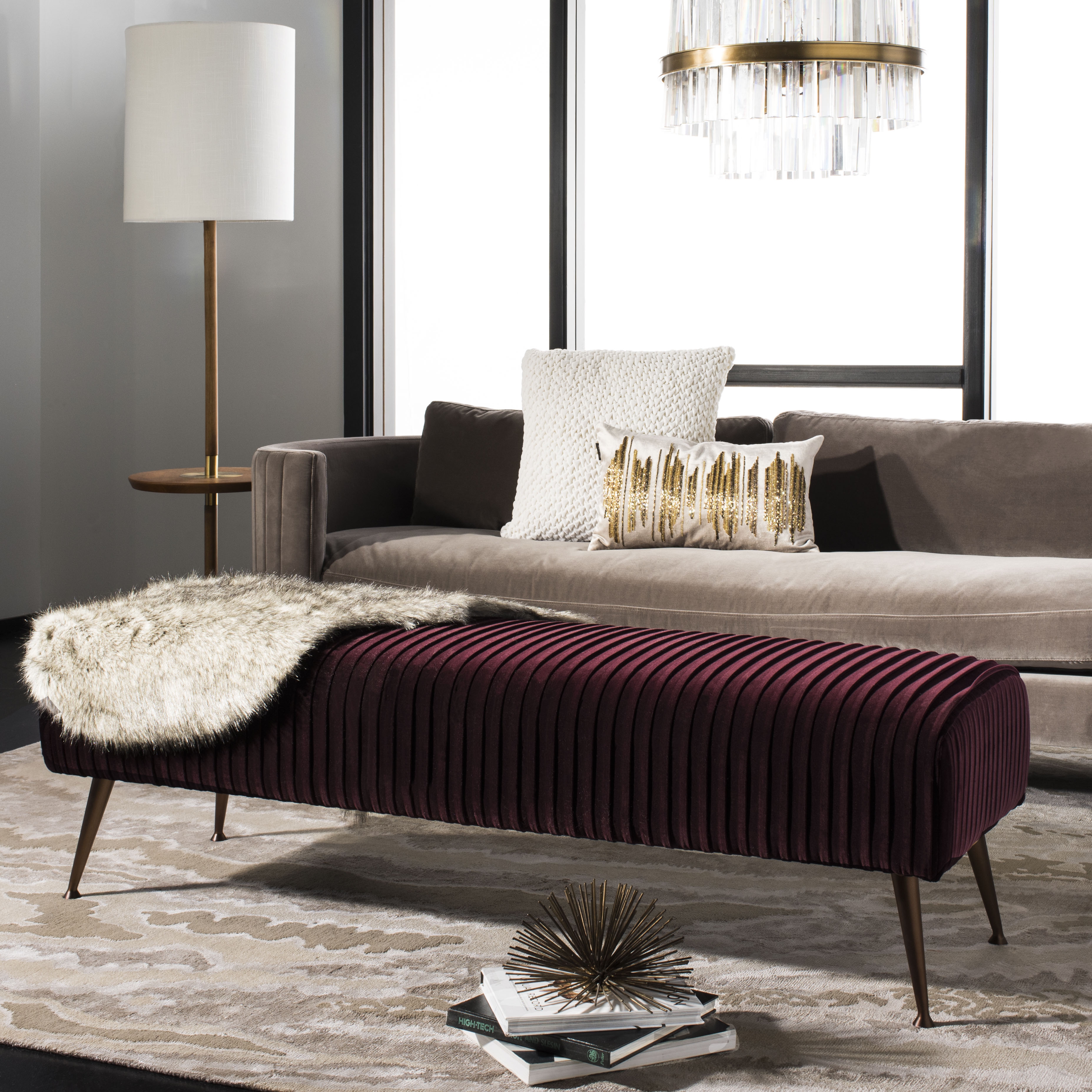Salome Velvet Bench With Antique Brass Legs - Giotto Cabernet - Safavieh - Image 6
