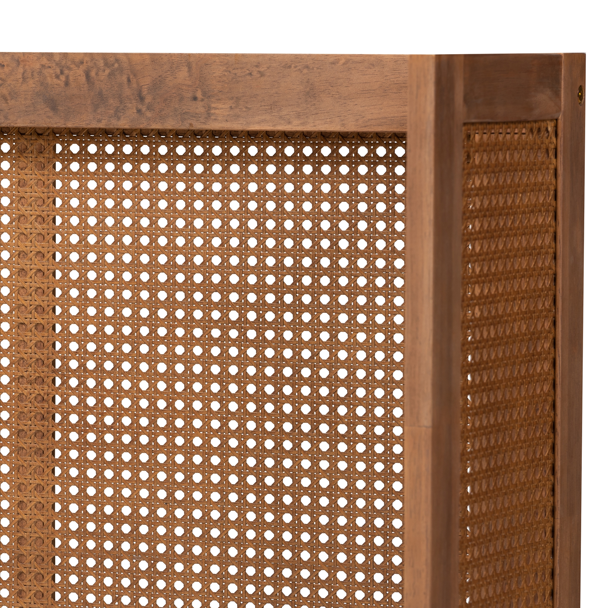 Rina Mid-Century Modern Ash Wanut Finished Wood and Synthetic Rattan Full Size Wrap-Around Headboard - Image 3