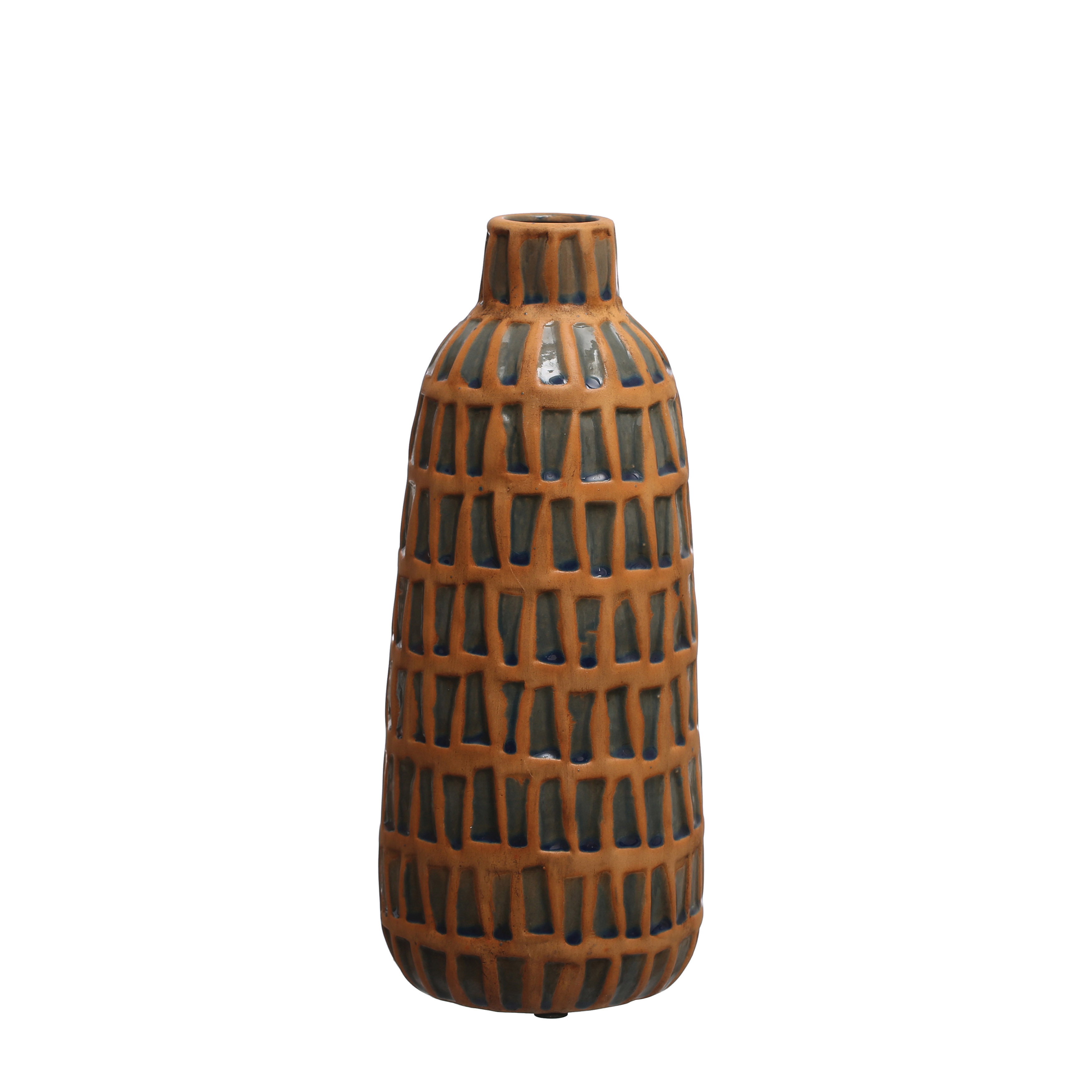 14 Inches Debossed Terra-cotta Vase, Natural and Blue - Image 0