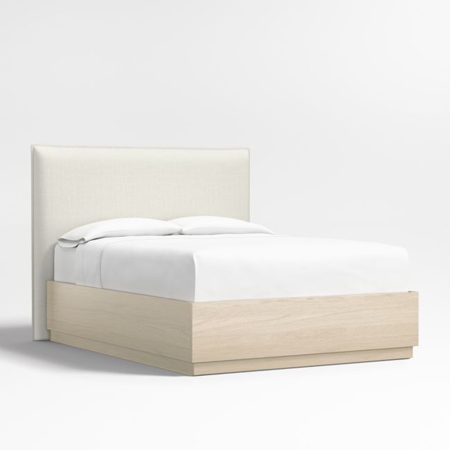 Arvada 54" Ivory Queen Upholstered Headboard with Batten White Oak Storage Bed Base - Image 0