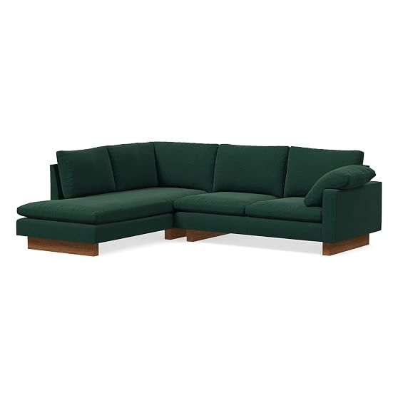 Harmony Sectional 34: Petite Right Arm 2 Sofa, Petite Left Arm Terminal Chaise, Distressed Velvet, Forest, Dark Walnut - Image 0