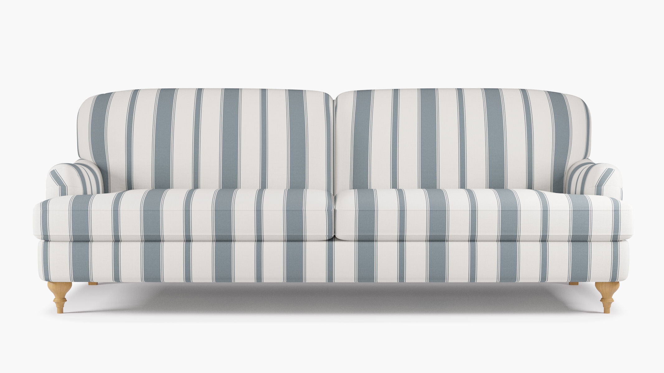 English Roll Arm Sofa, French Blue Clarence Stripe, Natural Turned Wood Leg - Image 0