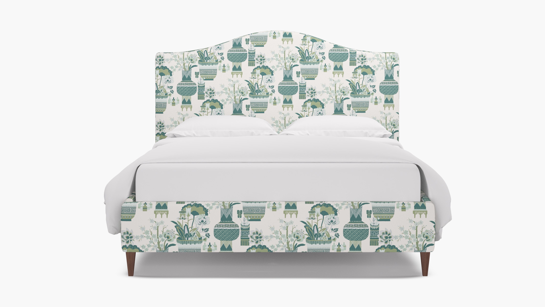 Camelback Bed, Pistachio Kan-Shie, Walnut Square Tapered Leg, Queen - Image 0