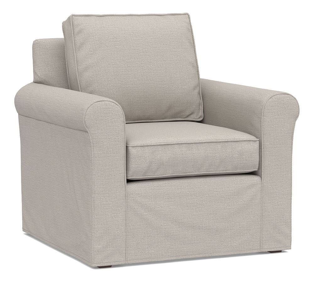 Cameron Roll Arm Slipcovered Armchair, Polyester Wrapped Cushions, Chunky Basketweave Stone - Image 0