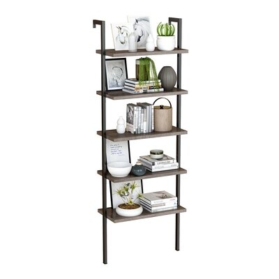 Industrial Style 70.8" H X 23.6" W Steel Ladder Bookcase 5 Tier Wall-Mounted Bookshelf Display Storage Rack Plant Flower Stand With Metal Frame For Home Office - Image 0