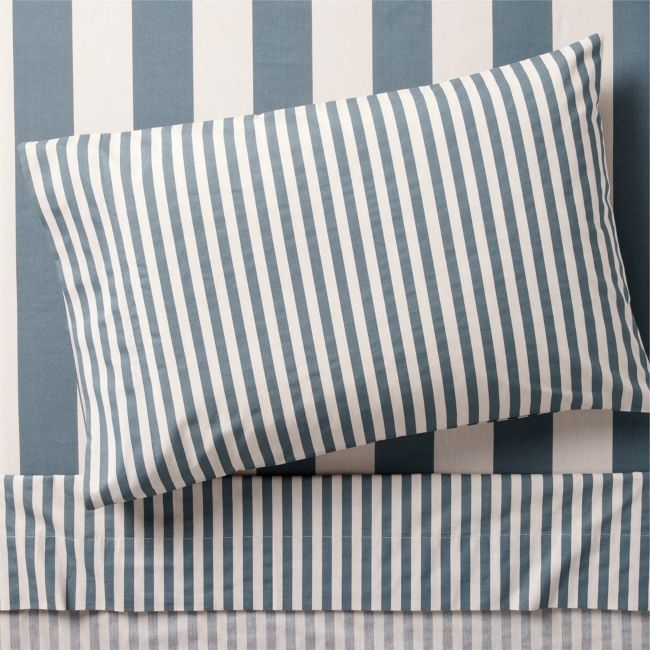 Riviera Blue and Oatmeal Stripe 100% Organic Cotton Kids Twin Sheet Set - Image 0