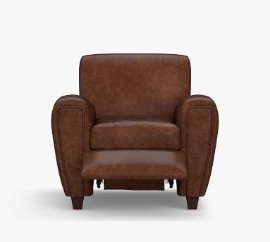 Manhattan Square Arm Leather Recliner with Bronze Nailheads, Polyester Wrapped Cushions, Churchfield Camel - Image 1