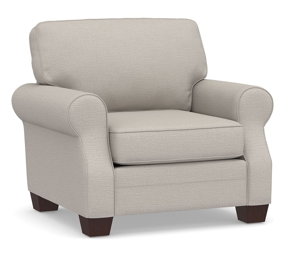 SoMa Fremont Roll Arm Upholstered Armchair, Polyester Wrapped Cushions, Chunky Basketweave Stone - Image 0
