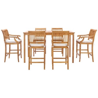 7 Piece Teak Wood Castle 71" Rectangular Large Bistro Bar Set Including 2 Barstools With Arms And 4 Barstools - Image 0