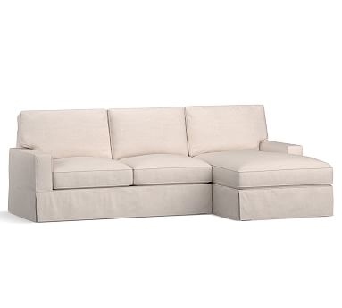 PB Comfort Square Arm Slipcovered Left Arm Loveseat with Chaise Sectional, Box Edge, Memory Foam Cushions, Performance Everydaylinen(TM) by Crypton(R) Home Oatmeal - Image 0