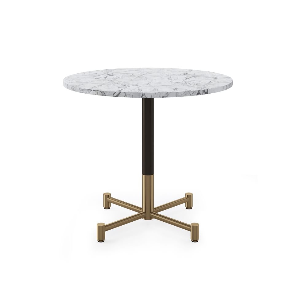 Restaurant Table, Top 36" Round, White Faux Marble, Dining Height 4 Branch Base, Bronze/Brass - Image 0