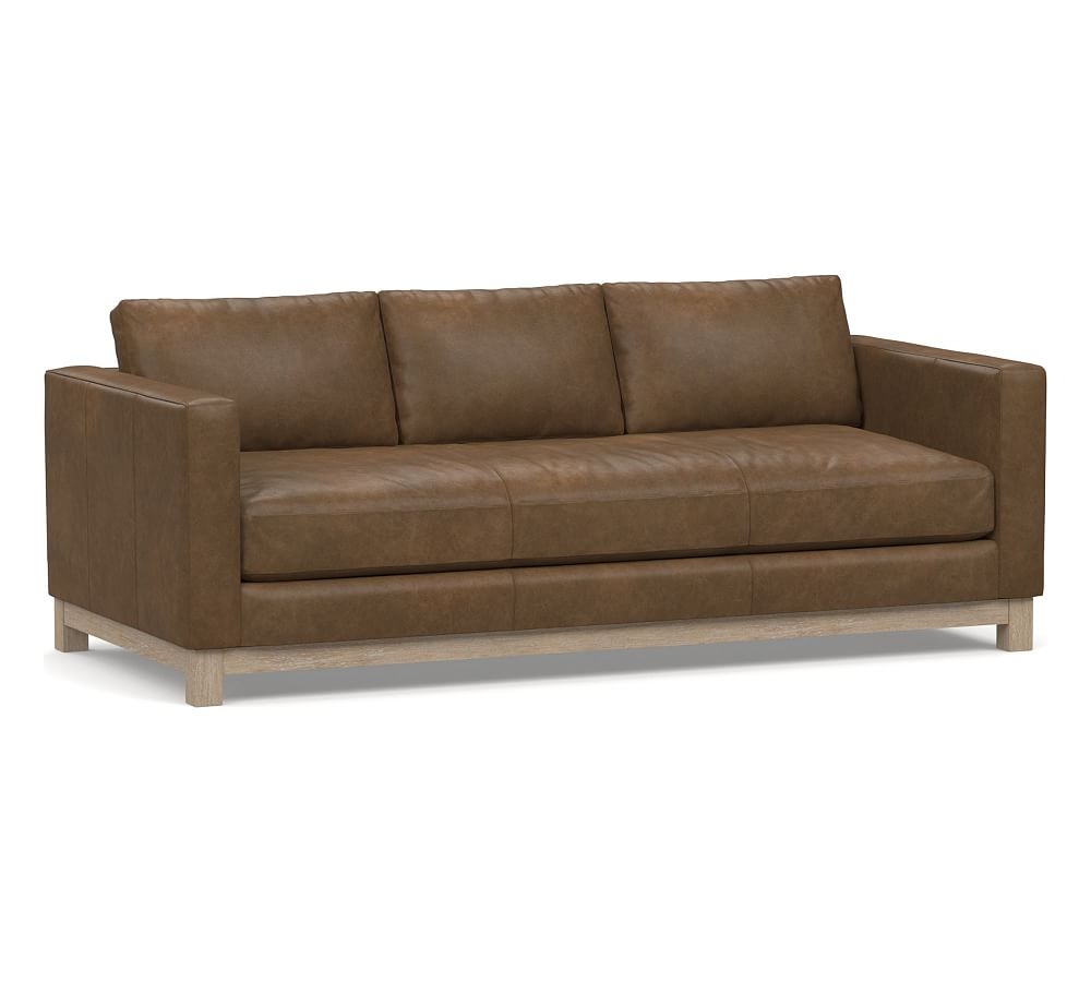 Jake Leather Sofa 85" with Wood Legs, Down Blend Wrapped Cushions Churchfield Chocolate - Image 0