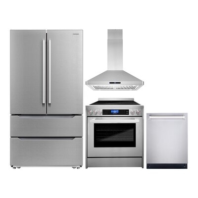 4 Piece Kitchen Package With 30" Freestanding Dual Fuel Range 30" Island Range Hood 24" Built-in Fully Integrated Dishwasher & Energy Star French Door Refrigerator - Image 0
