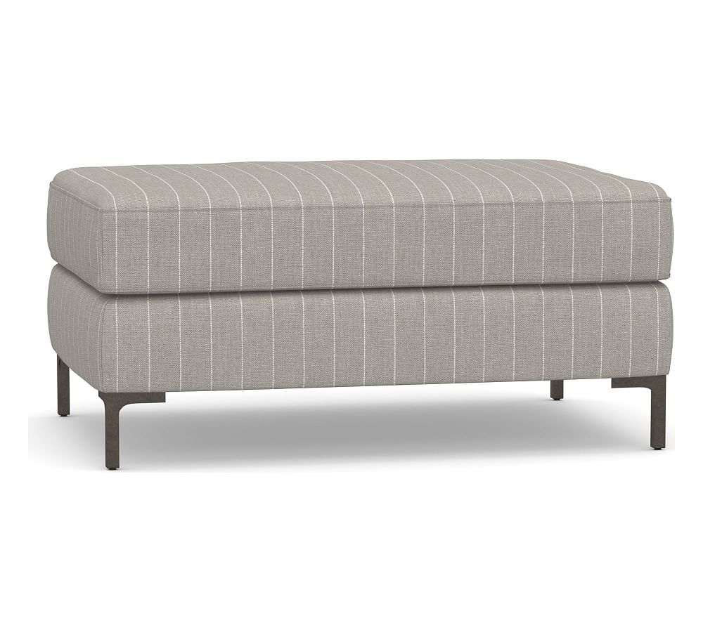 Jake Upholstered Ottoman with Bronze Legs, Polyester Wrapped Cushions, Sunbrella(R) Performance Harbor Stripe Gray - Image 0