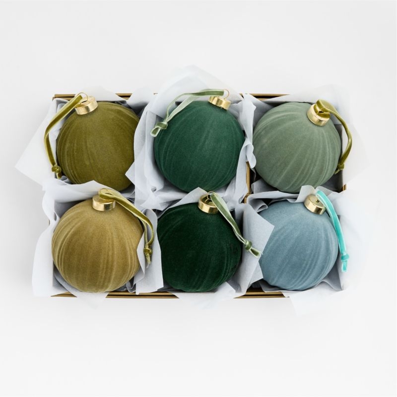 Cool Toned Ribbed Velvet Christmas Tree Ornaments, Boxed Set of 6 - Image 2