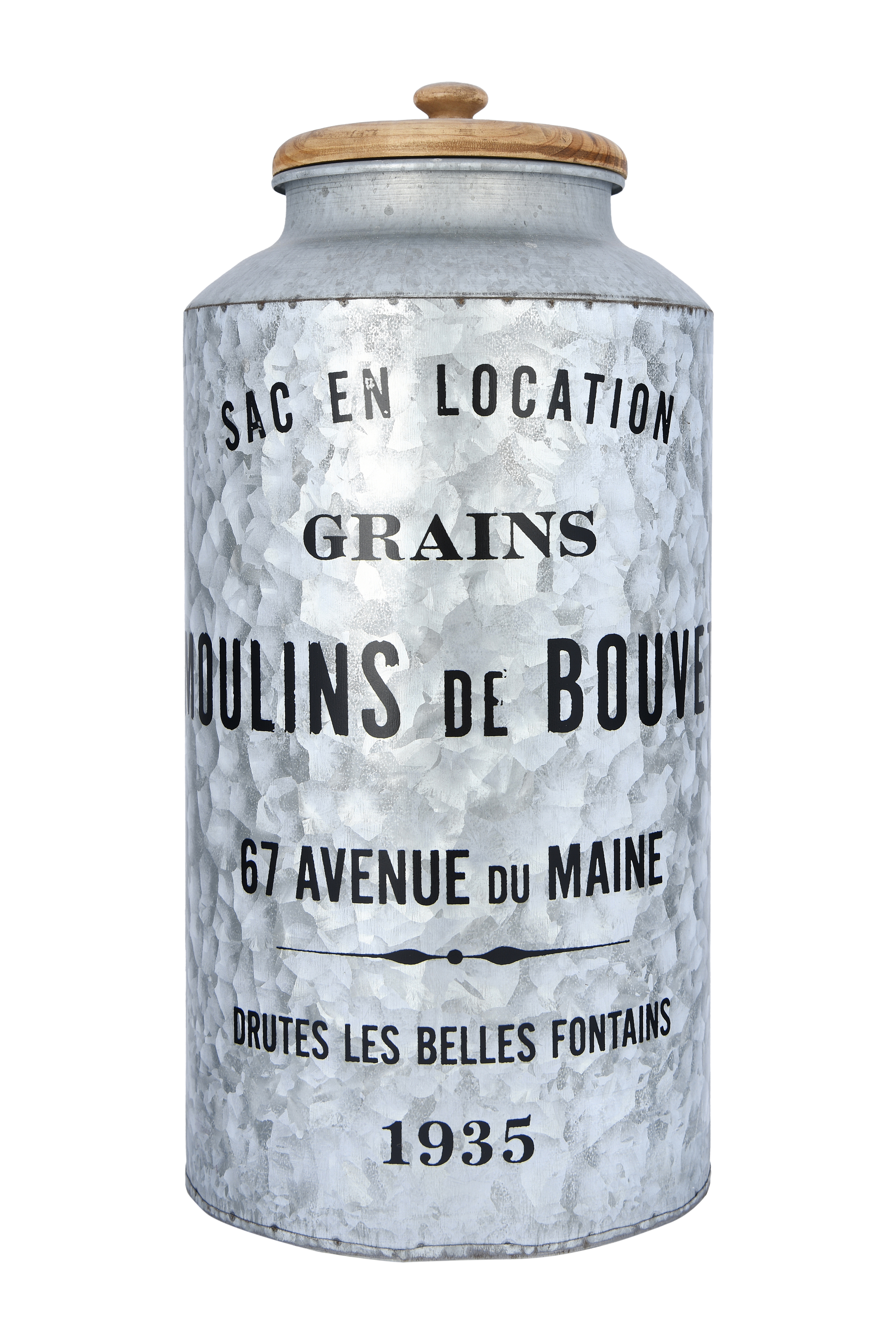 "Grains Moulins de Bouvet" Vintage Reproduction Galvanized Metal Container with Wood Lid - Image 0