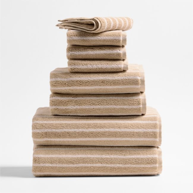 Organic Turkish Cotton Sand Beige and Crisp White Stripe Bath Towels, Set of 8 - Image 0